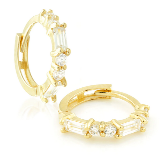 9ct Baguette Gem Huggies from Ella Ray Jewellery: Elegant, versatile huggie earrings crafted from 9ct gold with sparkling baguette-cut gems in a variety of colors, perfect for everyday glamour.