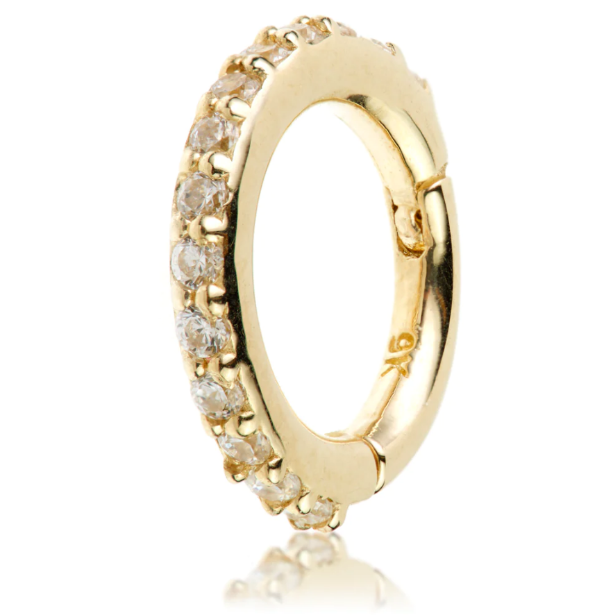 9ct Gold Pavé Gem Eternity Hinge Ring featuring a delicate band adorned with sparkling gemstones, perfect for adding elegance and shine to any outfit. Ideal for everyday wear or special occasions