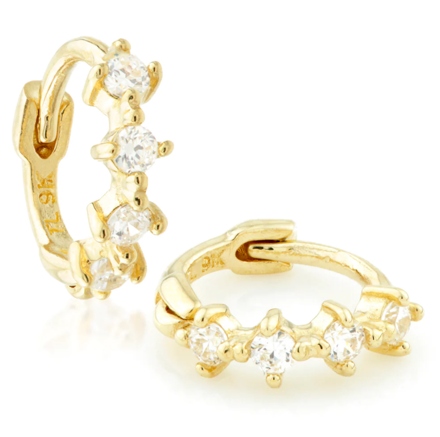 9ct Tiny Gem Yellow Gold Huggies featuring delicate gemstones in 9ct gold, available at Ella Ray Jewellery