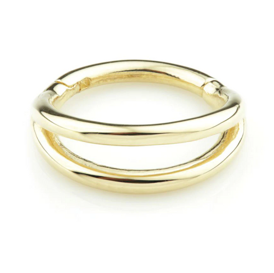 9ct Gold Double Band Hinge Ring showcasing a stylish double band design with a hinge mechanism for a modern and sophisticated look. Perfect for adding a chic touch to any outfit.