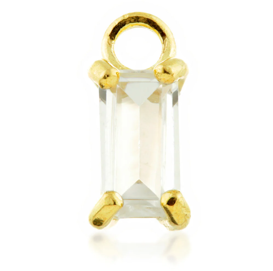 9ct Baguette Jewel Earring Charm featuring a stunning baguette-cut gemstone set in a sleek gold frame. Perfect for adding a touch of elegance and sparkle to any earring collection, ideal for both casual and formal wear.